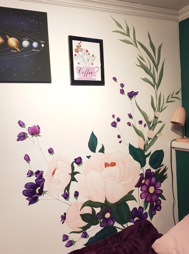 bunch of pink & purple flowers on bedroom wall