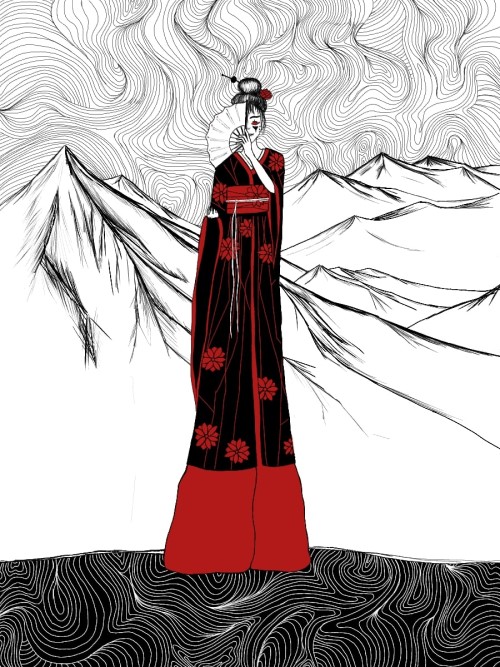 tall lady dressed in kimono hiding face with fan line art.