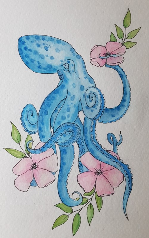 blue spotted octopus holding pink flowers